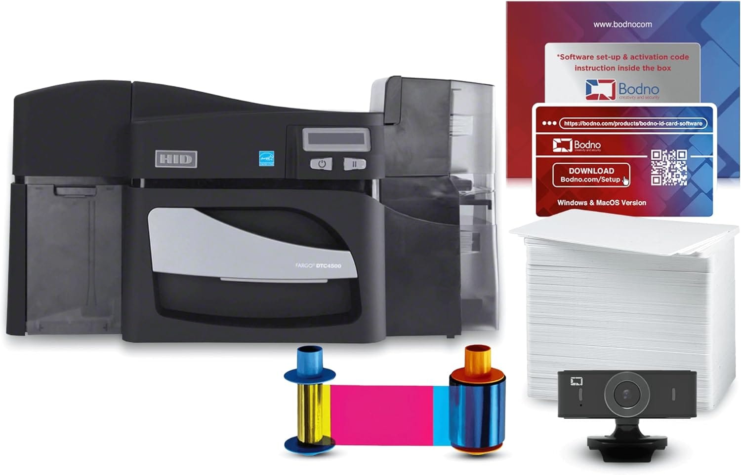 Fargo DTC4500e Dual Sided ID Card Printer & Complete Supplies Package with Bodno ID Software - Bronze Edition